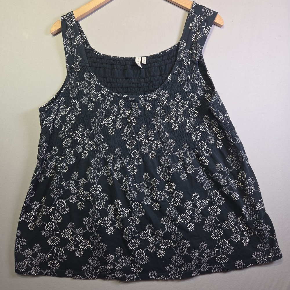 Madison XL Navy Blue Floral Sleeveless Tank Top 100% Pima Cotton Smocked Boho